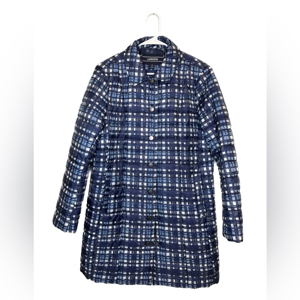 Lands' End Womens Quilted Primaloft Puffer Coat Plaid Blue Size 12 Like N…